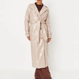 Cream Double Breasted Longline Vinyl Seam Trench Coat